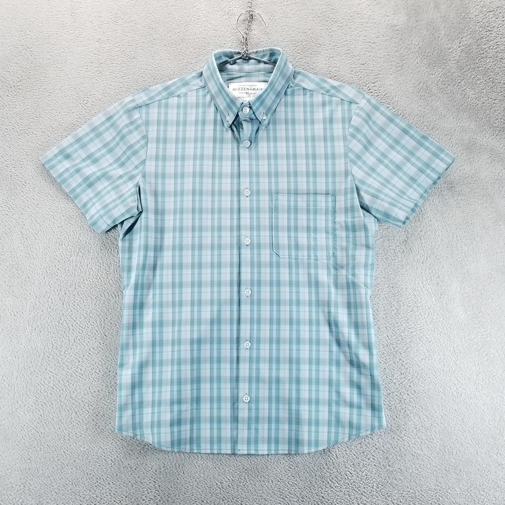 Mizzen Main Shirt Mens M Blue Plaid Short Sleeve Leeward Trim Fit Stretch